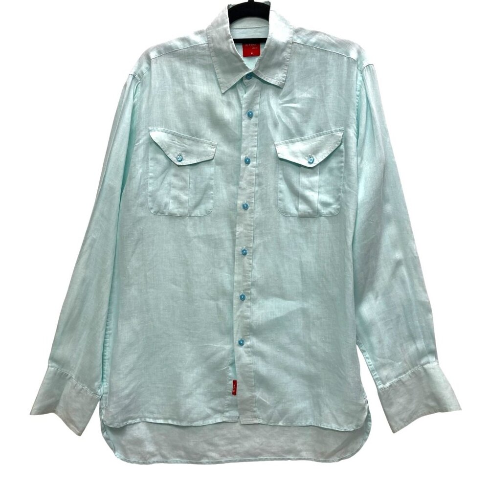 Report Collection Linen Men's Shirt, Size Medium, Pale Turquoise Aqua‎ Casual